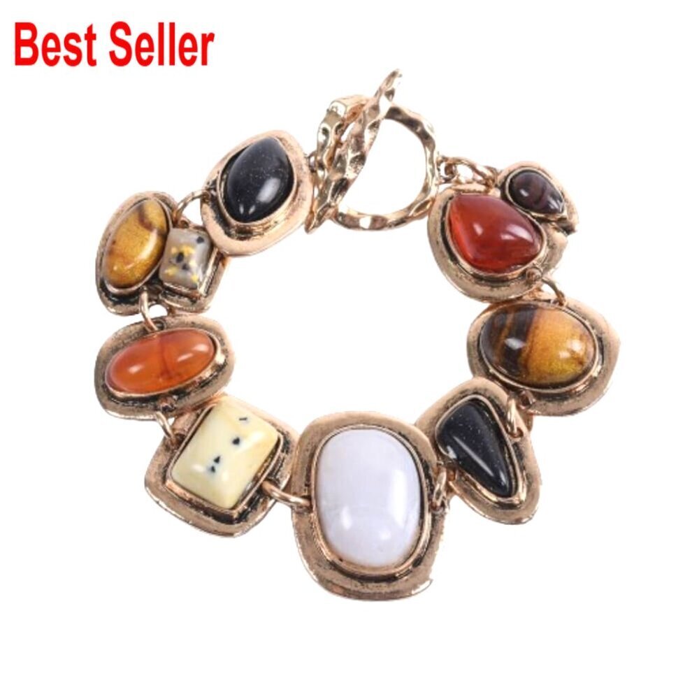 Vintage OT-Clasp Link Bracelet with Colorful Stones, Geometric Design